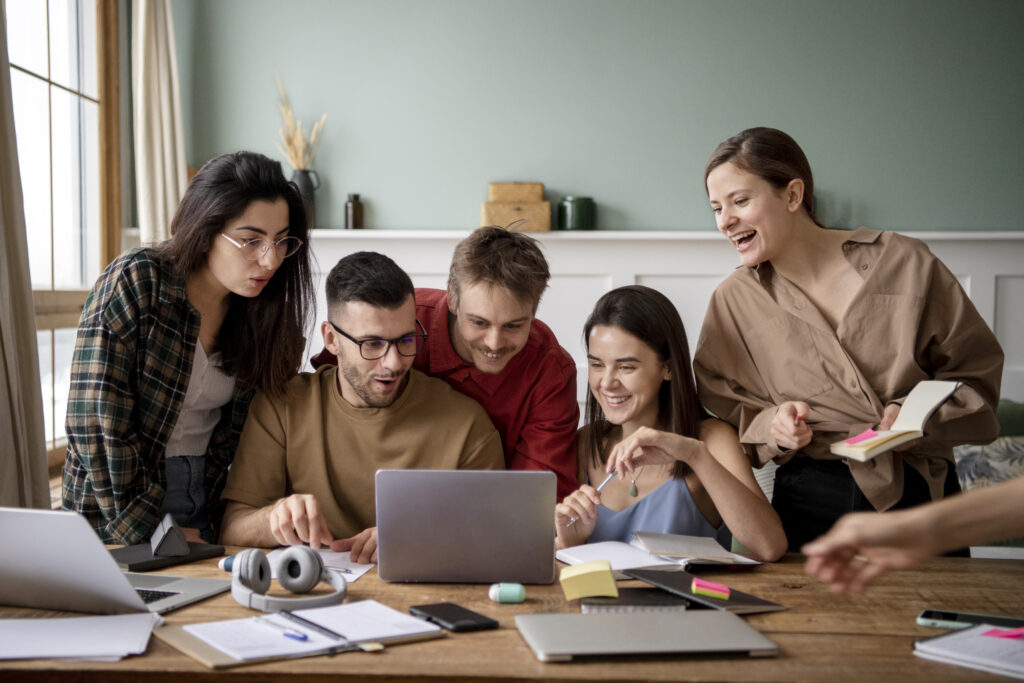 Motivational Study Blog friends using laptop learn study session